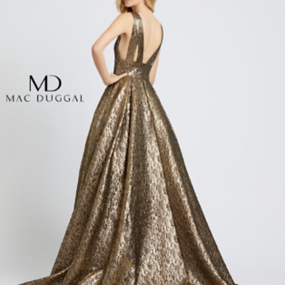 Mac Duggal Gold Prom Dress with Shimmering Finish - Picture 3 of 6